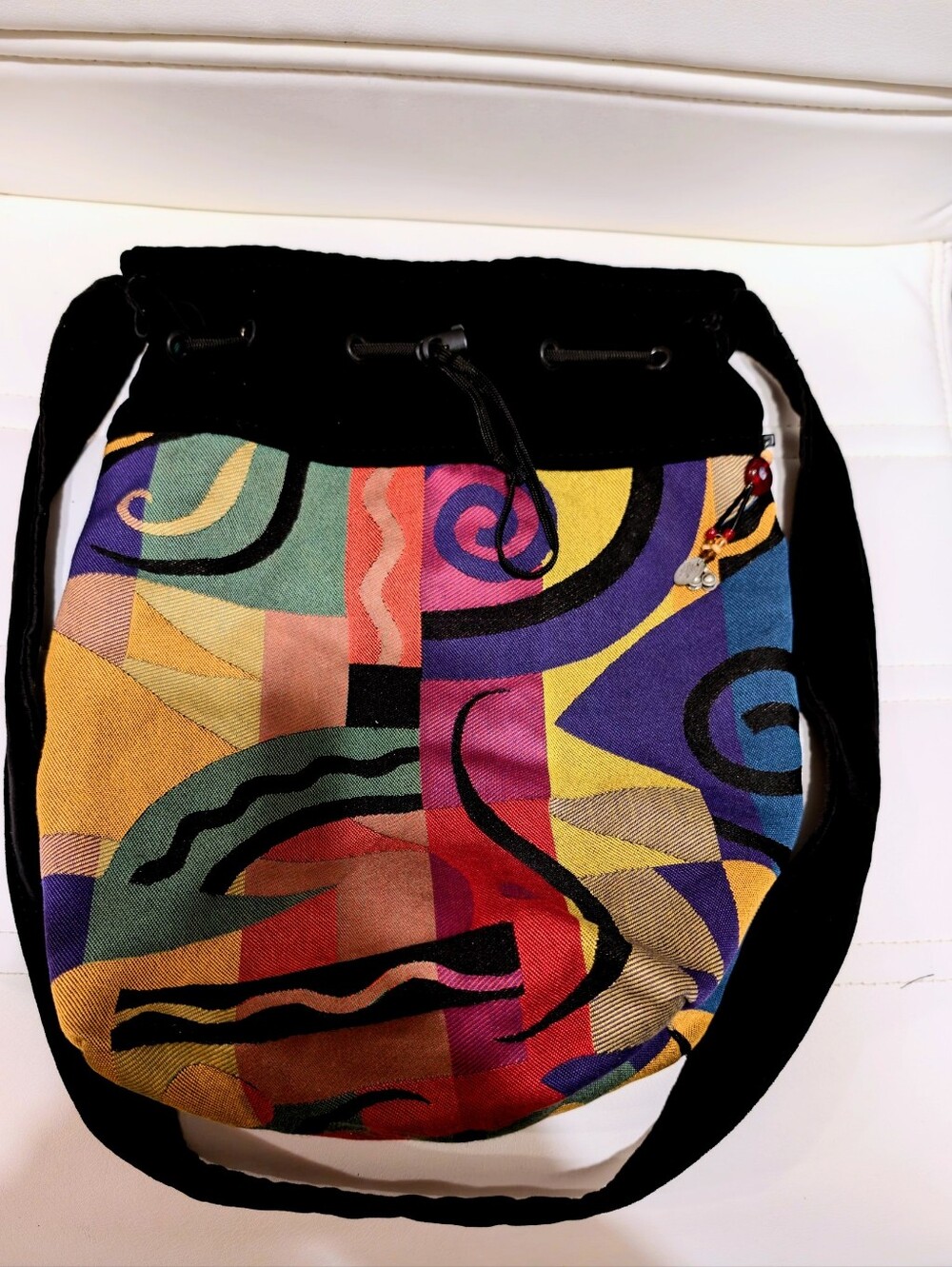 Colorful Tapestry Abstract Pattern Drawstring Bucket Bag W/ Velvet Trim & Strap